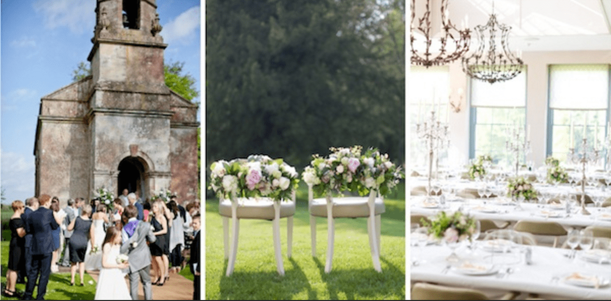 old stone church with wedding guests outside, two chairs with floral wreath decorations and interior wedding place setting