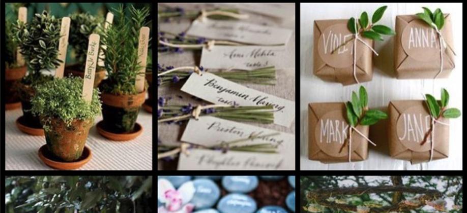 plant pots, brown paper parcels, smooth blue stones and assorted papers with guest names