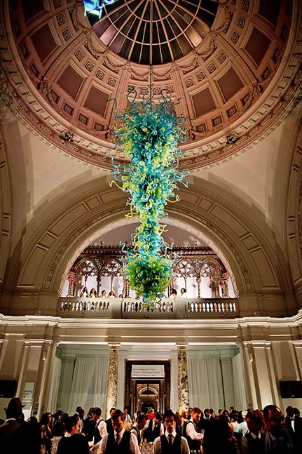 Green and blue blown glass chandelier in the Victoria and Albert museum