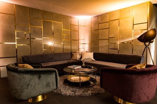 Beautifully styled and built living area with soft furnishings and lighting for a corporate product launch at the Vinyl Factory