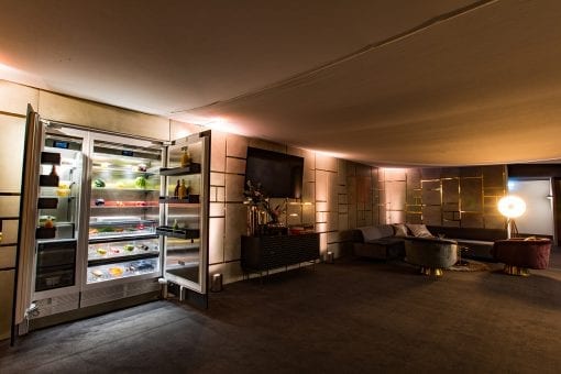 A fully designed and equipped lounge area for a product launch at the Vinyl Factory in London