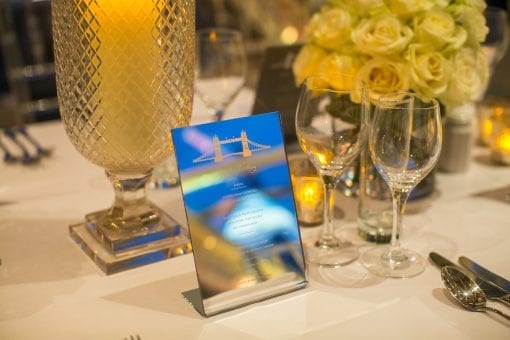 Mirrored menus for a lunch at Tower Bridge, London