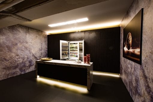 A bespoke kitchen and kitchen island made for a corporate product launch at the Vinyl Factory in London