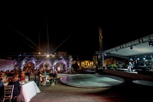 Luxury wedding reception at night in Santorini, Greece