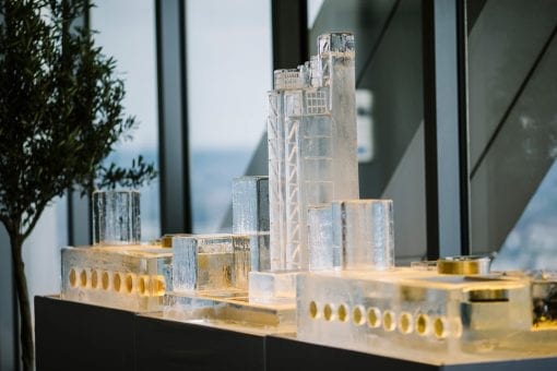 An ice sculpture of Heron Tower for a corporate launch event