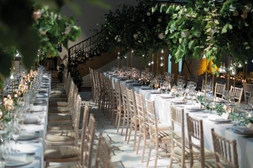 Beautiful wedding reception at a high end wedding venue in London for a celebrity couple covered in Hello! Magazine