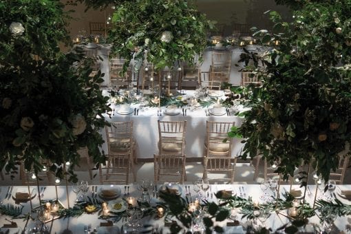 Tasteful and elegant table setting for a wedding reception at a London venue for a celebrity couple