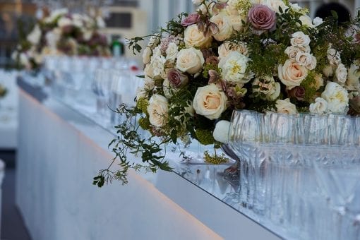 Gorgeous blush and cream tone floral centrepiece at a high end wedding in Blenheim Palace, Oxfordshire