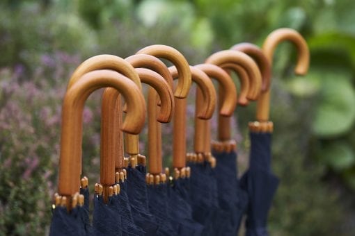 Wedding umbrellas lining up in the garden