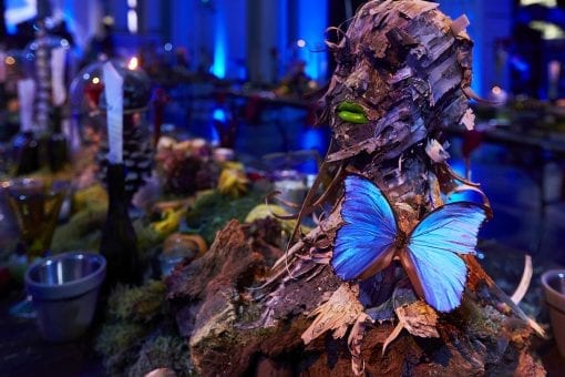 Surreal fashion sculpture made out of bark for a private London party