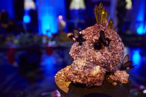 An encrusted decorative skull produced by Wild At Heart for a surreal styled birthday party
