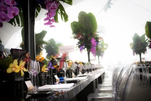 Beautiful bright tablescape at Battersea Power Station for a lavish event