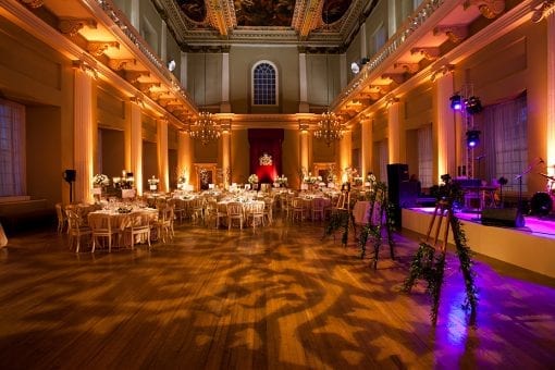 Luxury wedding reception being set up at the Banqueting House in London