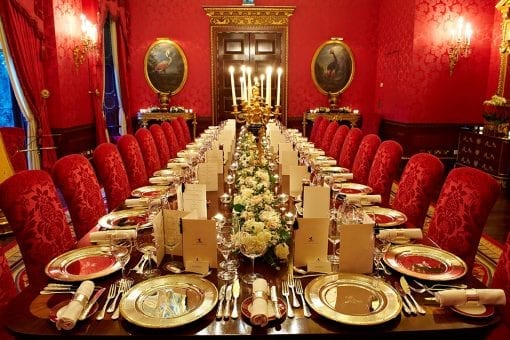 The William Kent Room at The Ritz in London set up for a wedding dinner