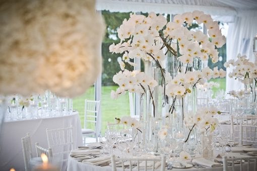 Delicate and stunning orchid arrangements for a lavish wedding in a bespoke glass marquee