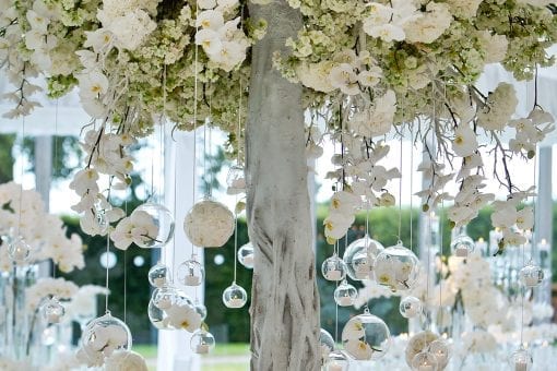Stunning white floral tree centrepiece at a luxury wedding reception in Yorkshire