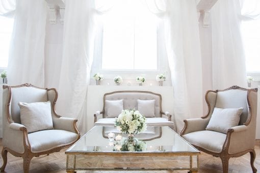 Elegant white draping with soft seating french vintage style at One Marylebone for a private event