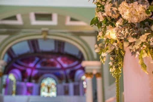 Private event set with lavish white and green flowers at One Marylebone