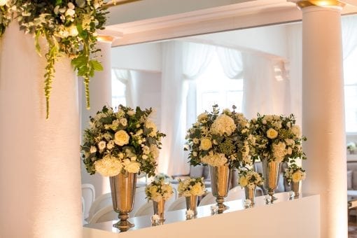 Beautiful flowers arranged in a white setting for a private event at One Marylebone