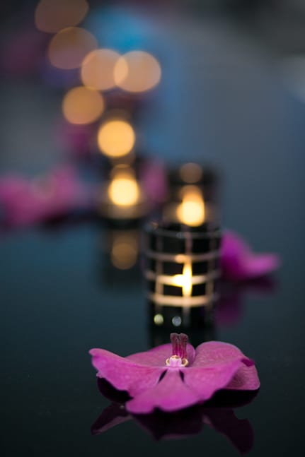 Detail of a delicate purple orchid petal with stunning candle light