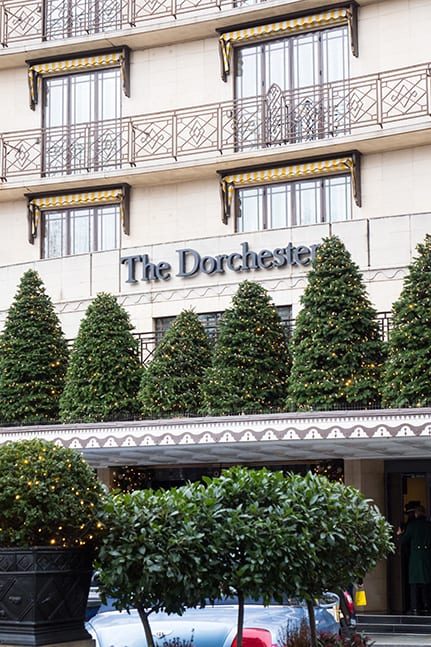 The Dorchester Hotel exterior with decorative trees and shrubs