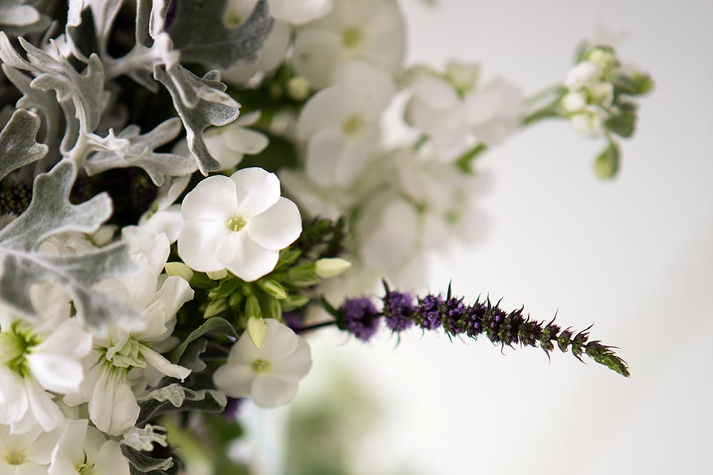 Detail from a bride's wedding bouquet incorporating white, silver and heather