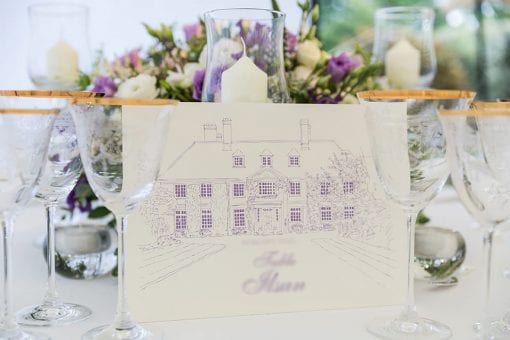 Hand illustrated table numbers for an elegant wedding on a private estate