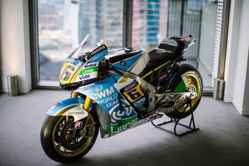 Dean Crutchlow's racing motorbike in the livery of LCR Honda racing team for the 2014 season revealed at the launch event