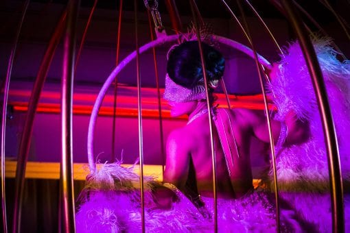 Roxy Velvet performing on a swing in One Marylebone for a luxury birthday party