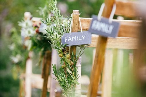 Outdoor English Countryside wedding with chairs and garden herbs set out for a wedding ceremony