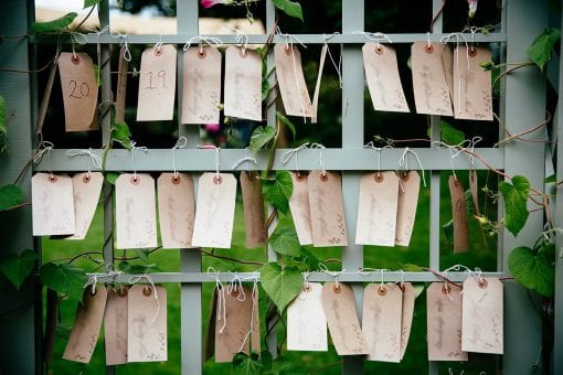 Luggage tag escort card display for country boho style in England