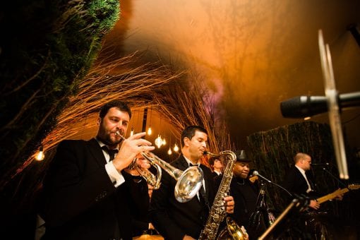 5 piece band performing at a high end luxury wedding in the countryside