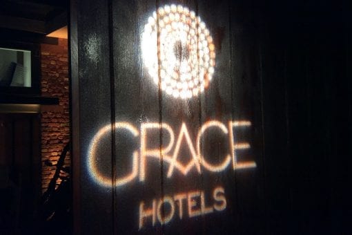 Projected bespoke brand light gobo for the launch of a corporate brand
