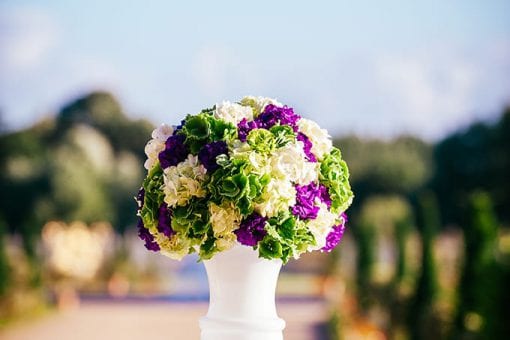 Green, purple and white hydrangeas and flowers in a white vase outside in the Privy gardens at Hampton Court Garden for a drinks reception