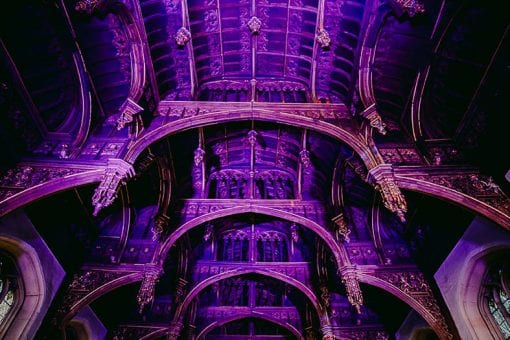 Purple lighting design in the Great Hall at Hampton Court Palace