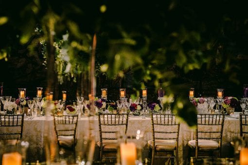 Green tall trees styled dinner setting at Hampton Court Palace