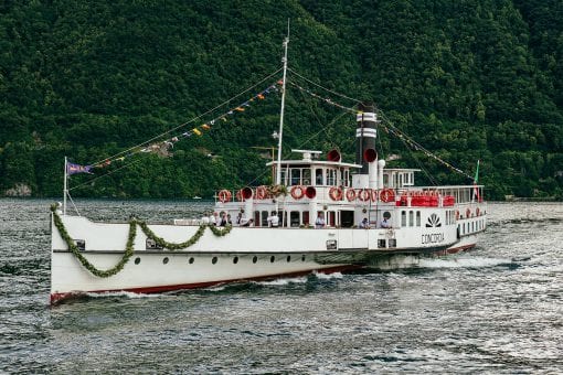 The Concordia sailing on Lake Como for a multi-day white wedding celebration