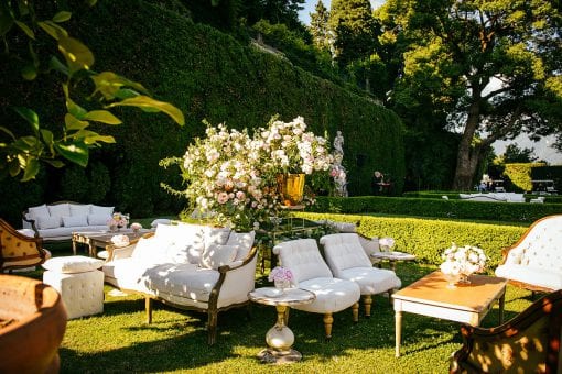 Stylish outdoor seating area for a luxurious wedding at Villa Pizzo in Lake Como in Italy