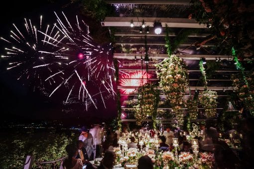 Spectacular fireworks exploding Lake Como for a luxury destination wedding reception in Lake Como, Italy