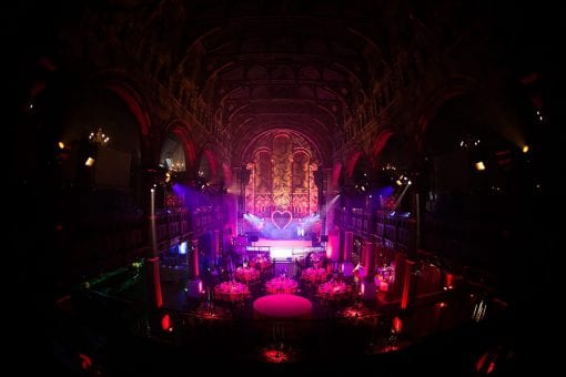 Pink and red fun lighting design for a moulin rouge inspired event in Mayfair