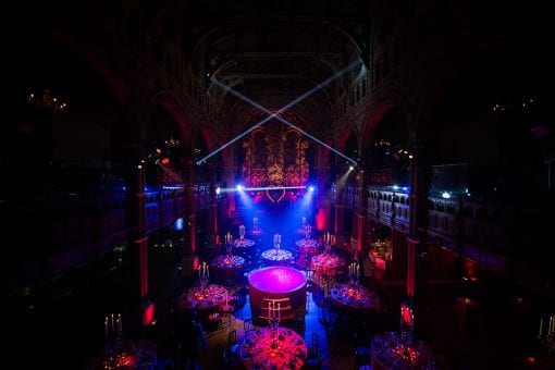 Amazing production and lighting design at a Moulin Rouge Party in Mayfair for a lavish birthday party