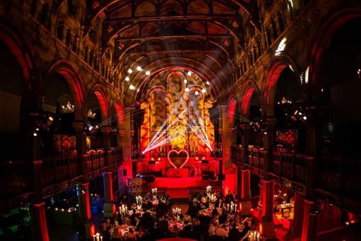 Stunning set design for a Moulin Rouge party in Mayfair with red lighting